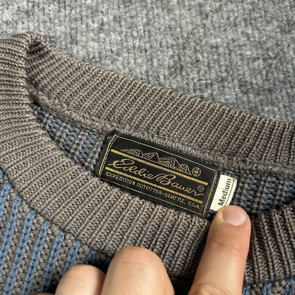 Vintage Eddie Bauer Sweater Mens Medium Blue Rib Knit Heavyweight Crewneck 80s - Picture 3 of 10